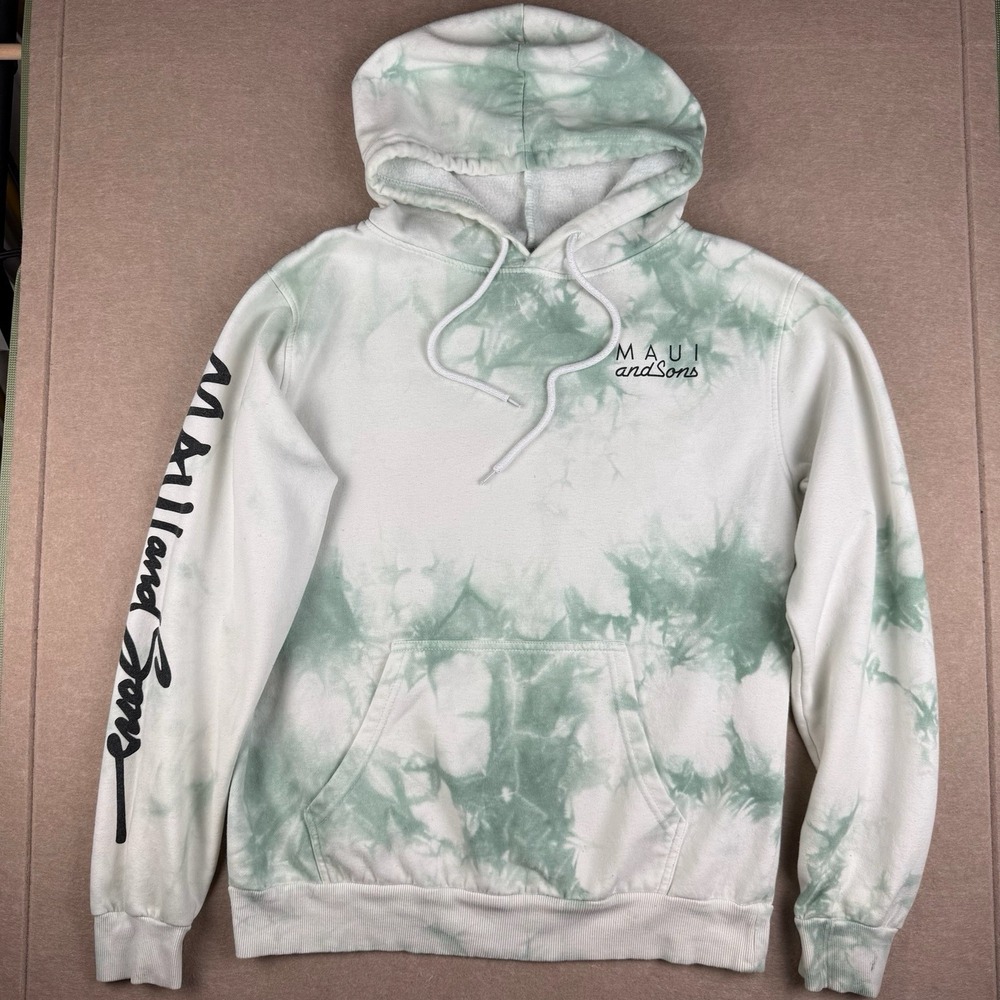 Maui and Sons Hoodie Men Small Green Tie Dye Logo Graphic Pullover Surf Style‎